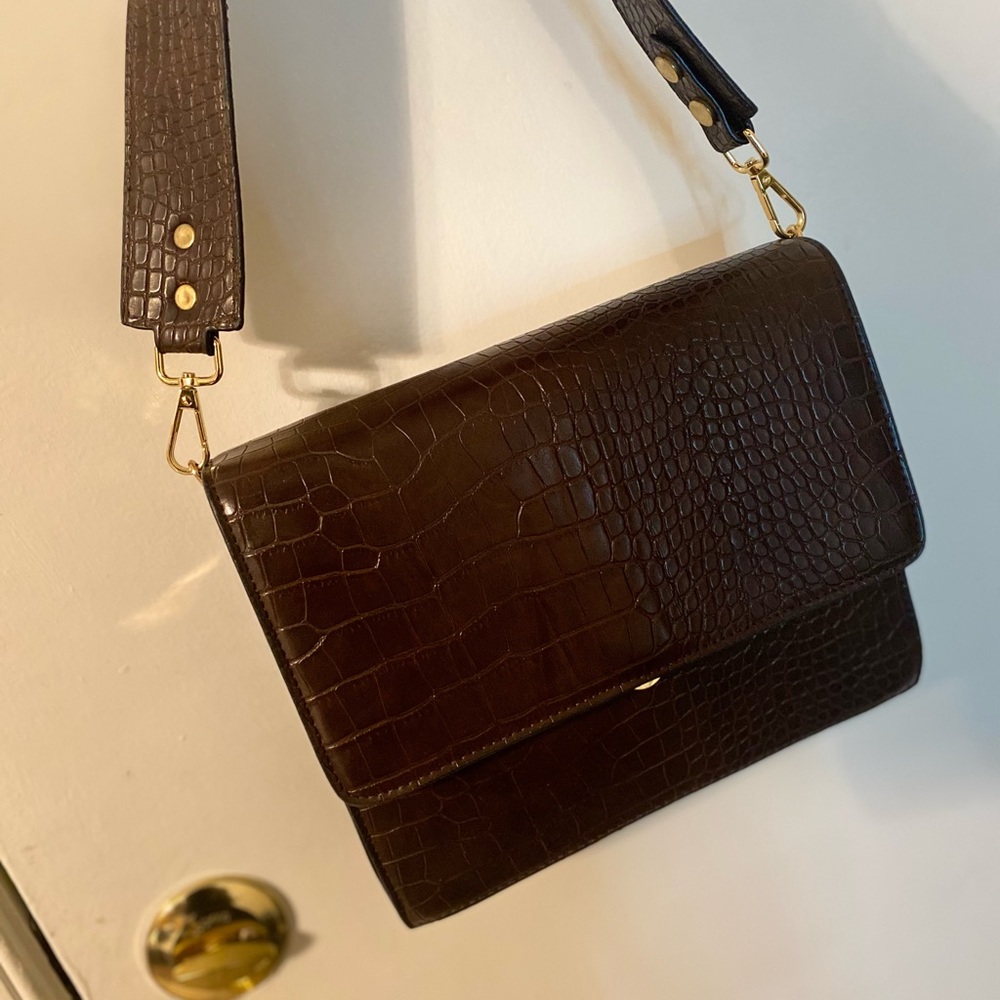 Classy dark brown structured croc crossbody bag